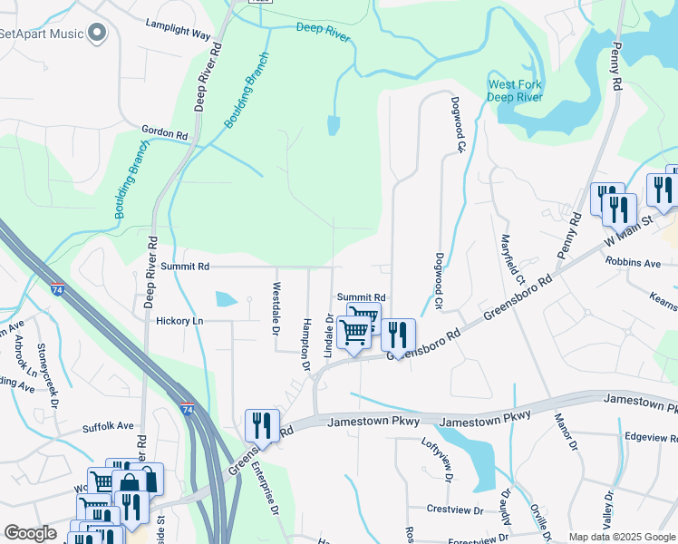 map of restaurants, bars, coffee shops, grocery stores, and more near 312 Lindale Drive in High Point