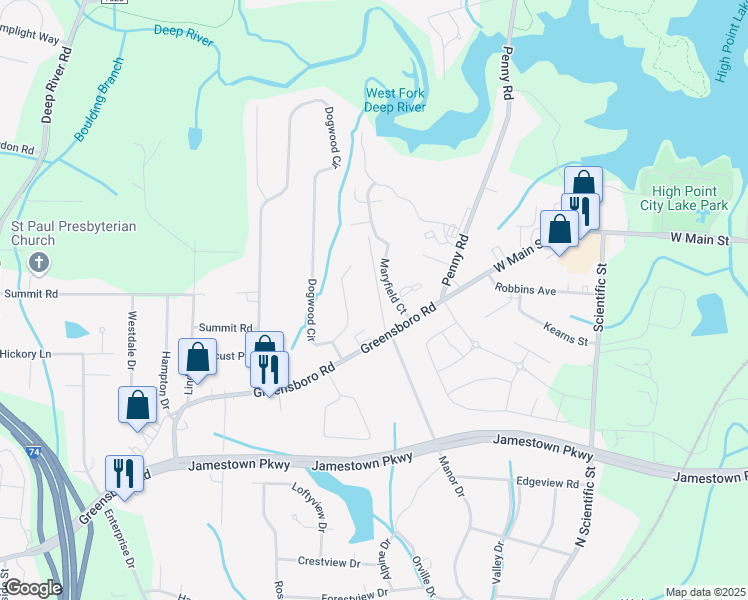 map of restaurants, bars, coffee shops, grocery stores, and more near 1015 Manor Drive in High Point