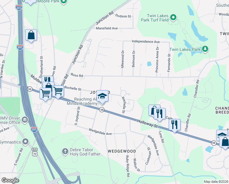 map of restaurants, bars, coffee shops, grocery stores, and more near 2715 Rochelle Street in Durham
