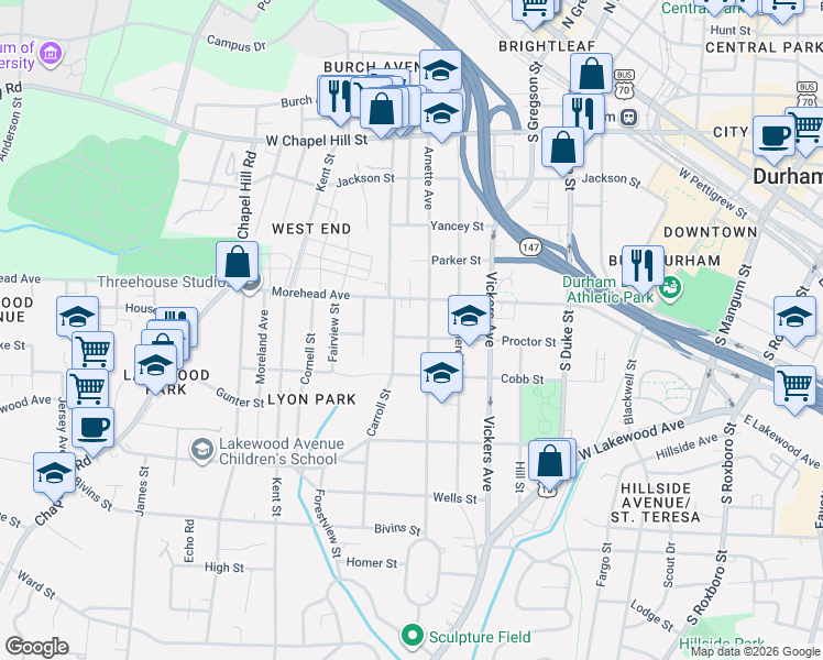 map of restaurants, bars, coffee shops, grocery stores, and more near 905 Morehead Avenue in Durham