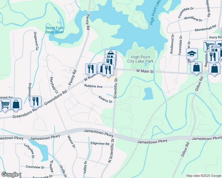 map of restaurants, bars, coffee shops, grocery stores, and more near 101 Robbins Avenue in Jamestown