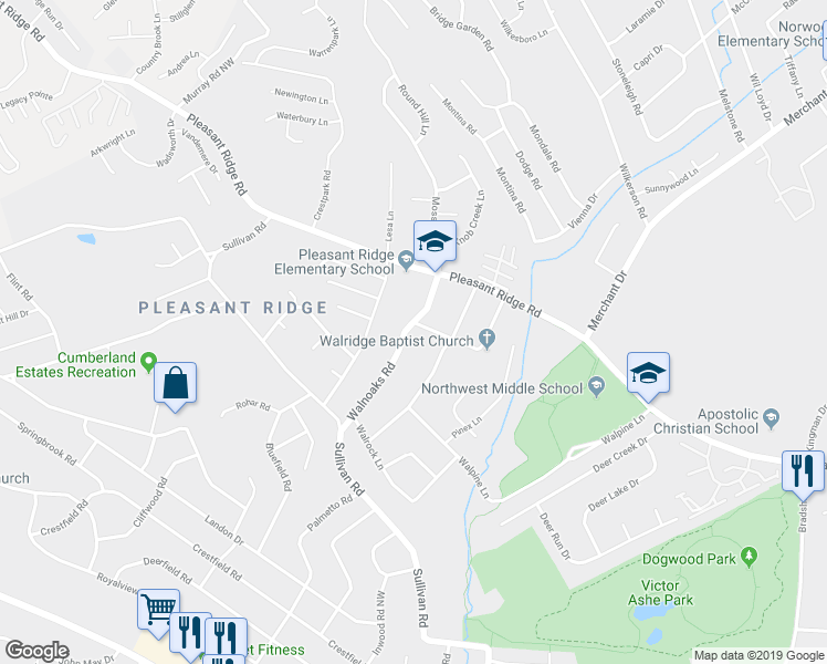 map of restaurants, bars, coffee shops, grocery stores, and more near 3105-3199 Walridge Road in Knoxville