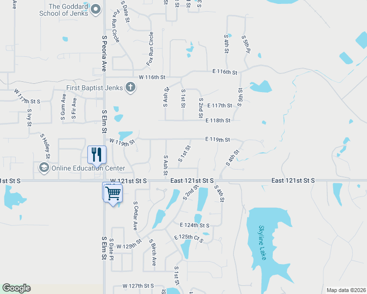 map of restaurants, bars, coffee shops, grocery stores, and more near 11911 South 1st Street in Jenks