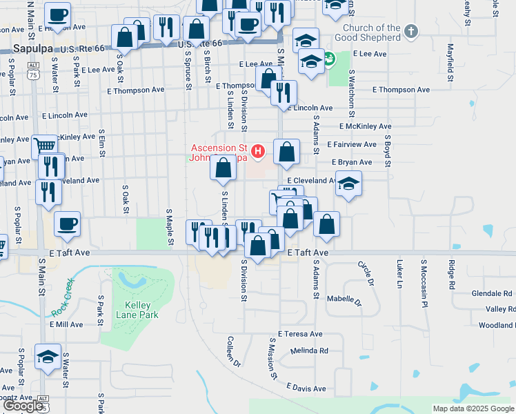 map of restaurants, bars, coffee shops, grocery stores, and more near 619 South Division Street in Sapulpa