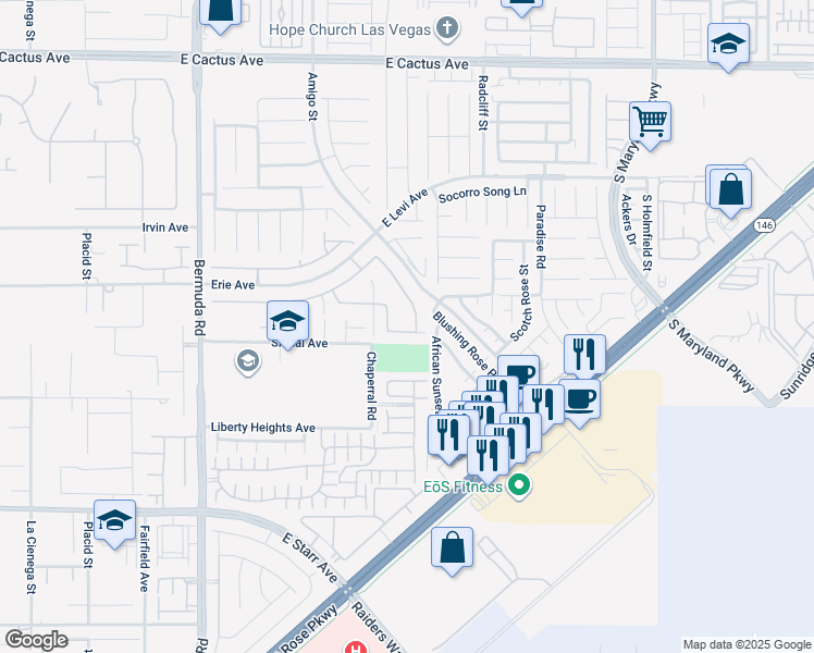 map of restaurants, bars, coffee shops, grocery stores, and more near 3616 Via De Leoni Avenue in Henderson