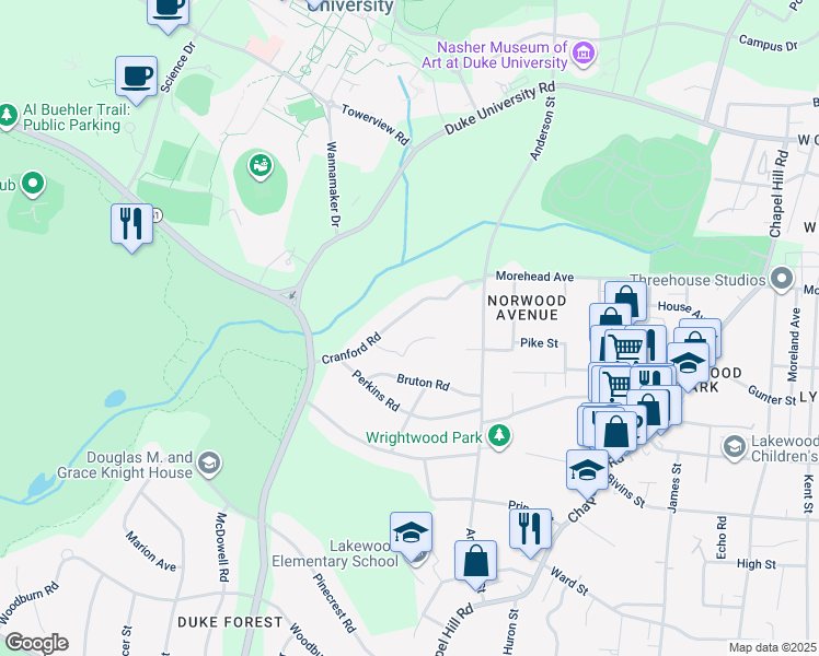 map of restaurants, bars, coffee shops, grocery stores, and more near 2243 Cranford Road in Durham