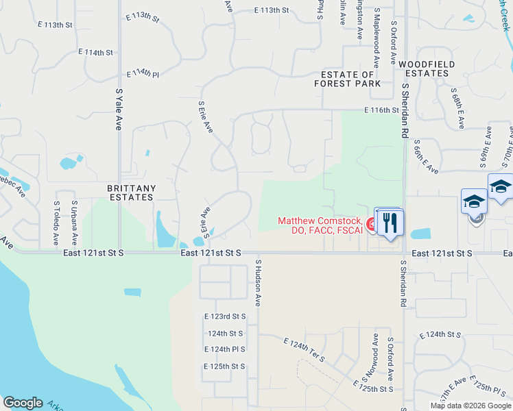 map of restaurants, bars, coffee shops, grocery stores, and more near 11909 South Granite Avenue in Tulsa