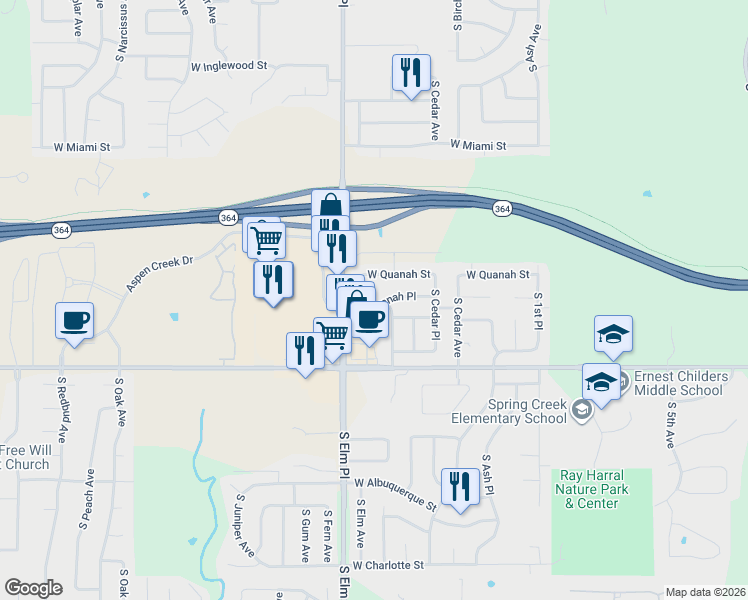 map of restaurants, bars, coffee shops, grocery stores, and more near 510 West Quanah Place in Broken Arrow