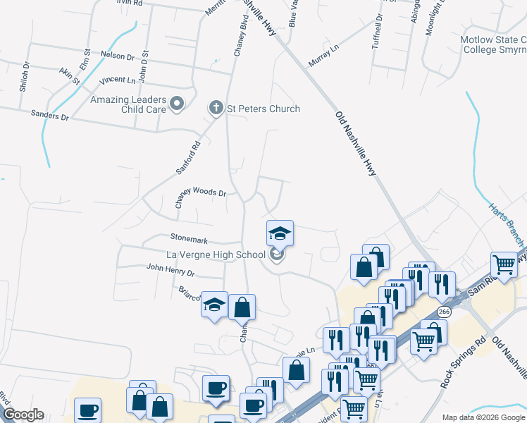 map of restaurants, bars, coffee shops, grocery stores, and more near 2109 Academy Way in La Vergne