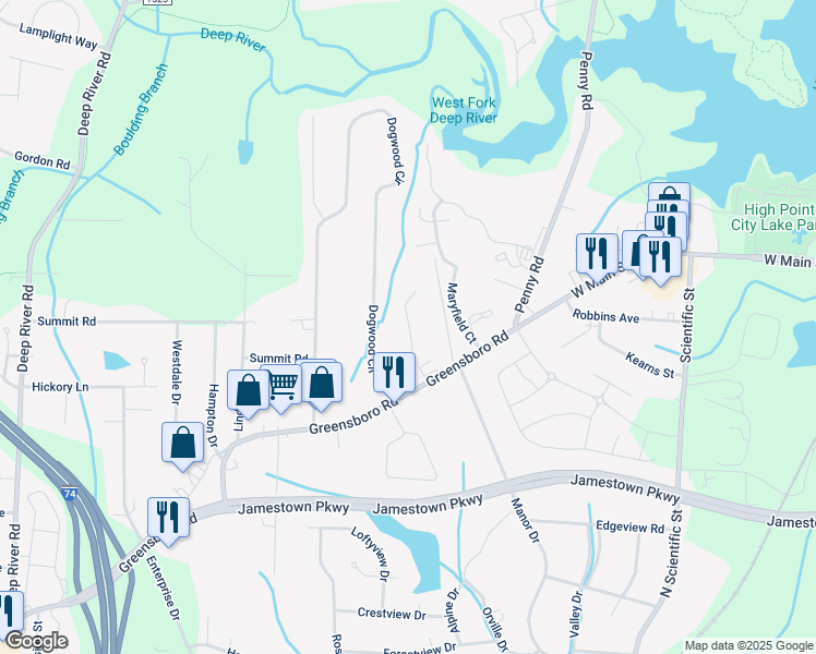 map of restaurants, bars, coffee shops, grocery stores, and more near 221 Willowood Drive in High Point