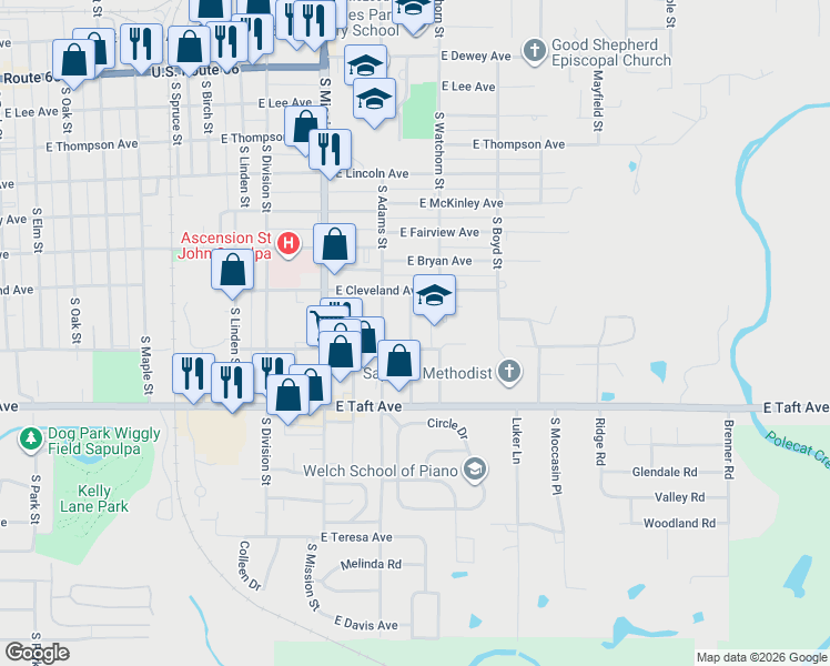 map of restaurants, bars, coffee shops, grocery stores, and more near 620 South Apple Street in Sapulpa