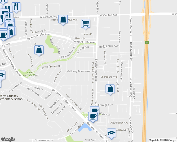 map of restaurants, bars, coffee shops, grocery stores, and more near Calcedonian Street in Las Vegas