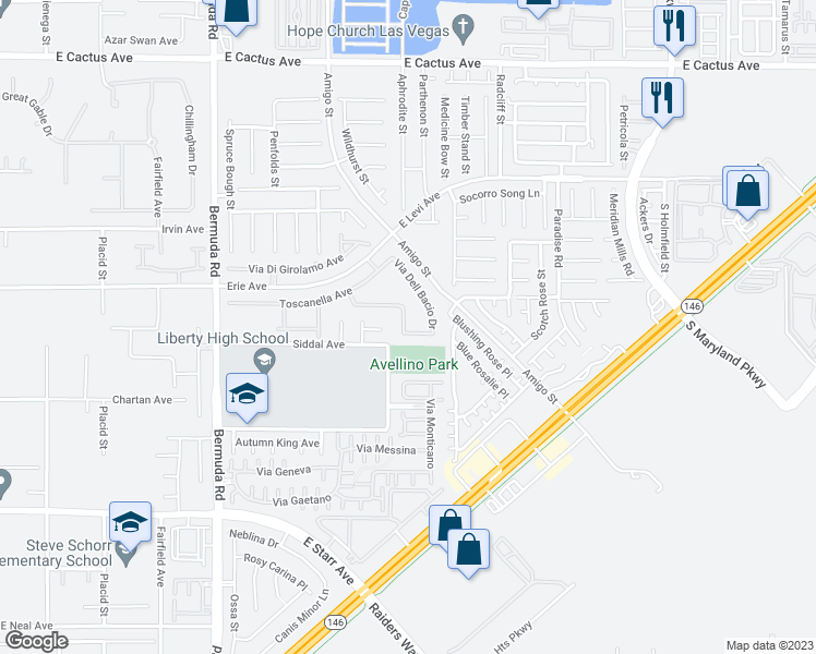 map of restaurants, bars, coffee shops, grocery stores, and more near 3628 Via De Leoni Avenue in Henderson
