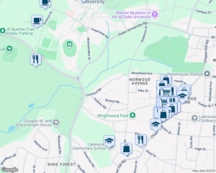 map of restaurants, bars, coffee shops, grocery stores, and more near 2243 Cranford Road in Durham