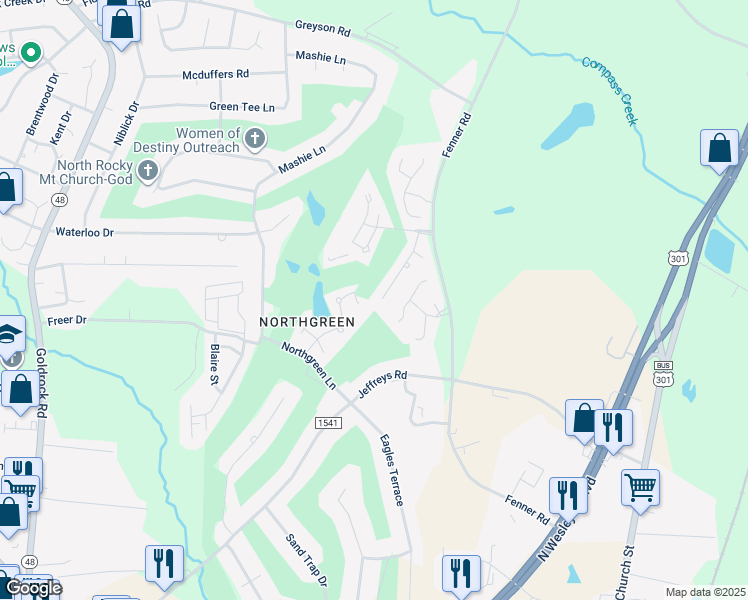 map of restaurants, bars, coffee shops, grocery stores, and more near 1357 Fairway Terrace in Rocky Mount
