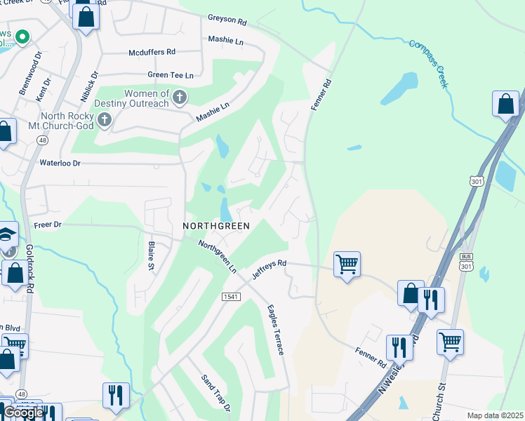 map of restaurants, bars, coffee shops, grocery stores, and more near 1357 Fairway Terrace in Rocky Mount