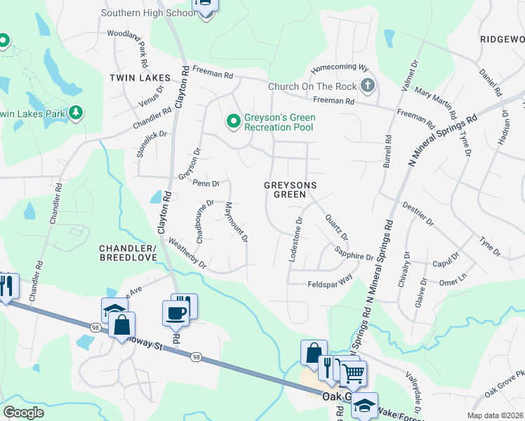map of restaurants, bars, coffee shops, grocery stores, and more near 608 Chadbourne Drive in Durham