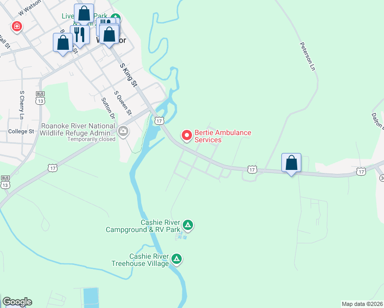 map of restaurants, bars, coffee shops, grocery stores, and more near 705 North Carolina 308 in Windsor