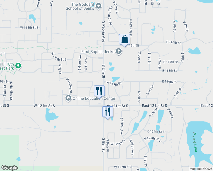 map of restaurants, bars, coffee shops, grocery stores, and more near 11906 South Date Avenue in Jenks