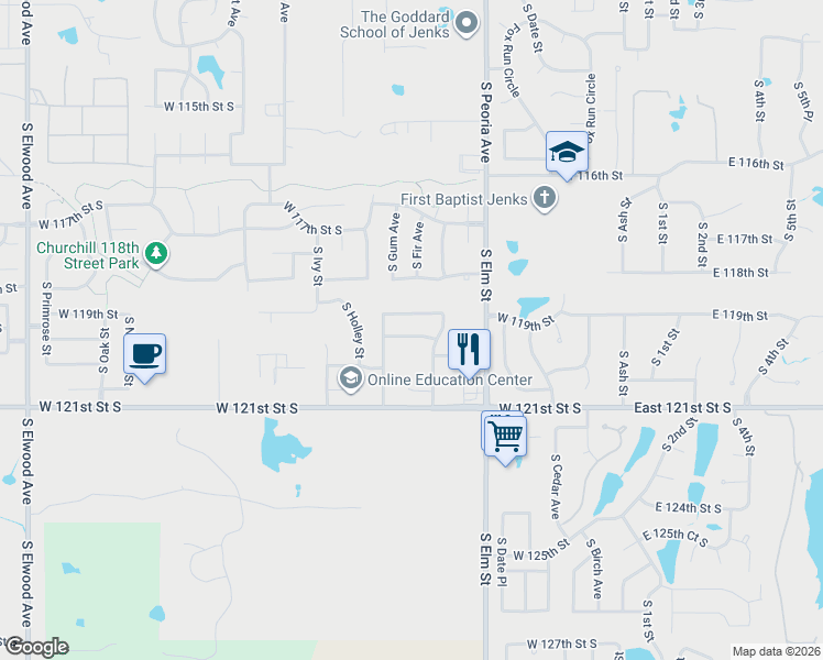 map of restaurants, bars, coffee shops, grocery stores, and more near 804 West 119th Street South in Jenks