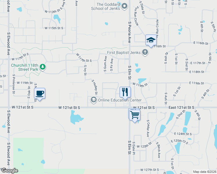 map of restaurants, bars, coffee shops, grocery stores, and more near 804 West 119th Street South in Jenks