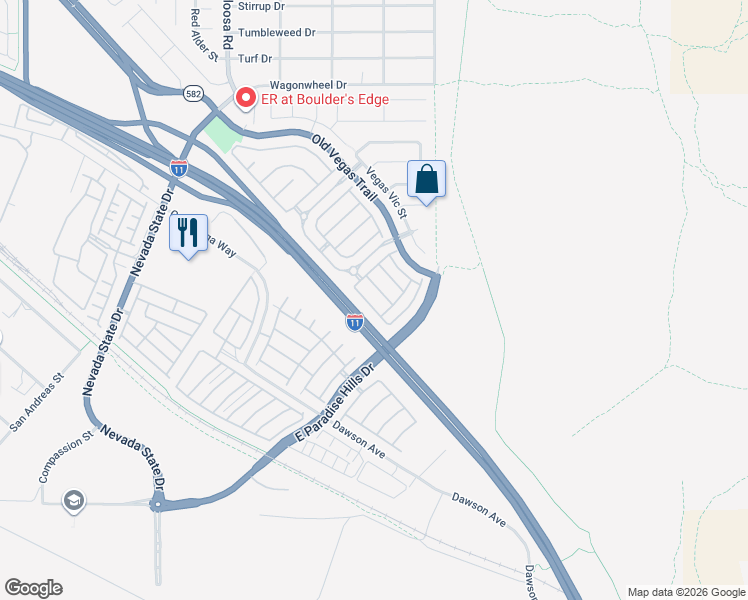 map of restaurants, bars, coffee shops, grocery stores, and more near 2577 Land Rush Drive in Henderson