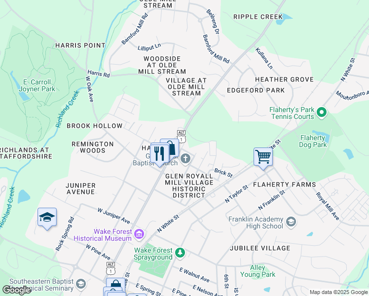 map of restaurants, bars, coffee shops, grocery stores, and more near 817 North Main Street in Wake Forest
