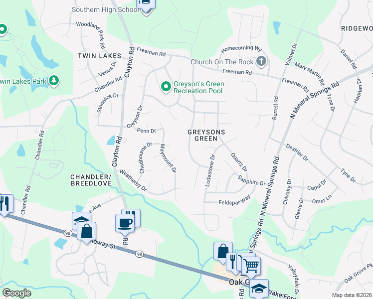 map of restaurants, bars, coffee shops, grocery stores, and more near 608 Chadbourne Drive in Durham