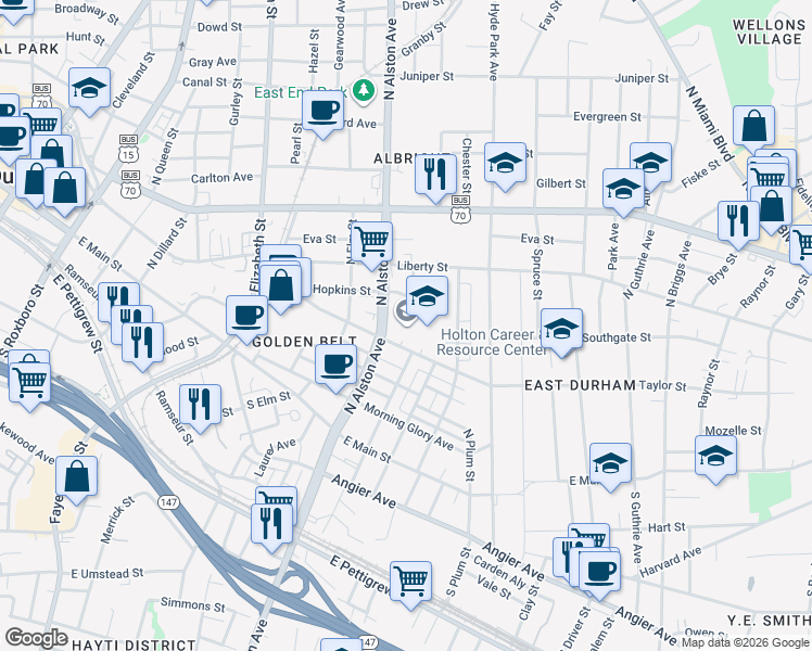 map of restaurants, bars, coffee shops, grocery stores, and more near 610 N Alston Ave in Durham