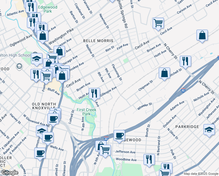 map of restaurants, bars, coffee shops, grocery stores, and more near 1817 Gillespie Avenue in Knoxville