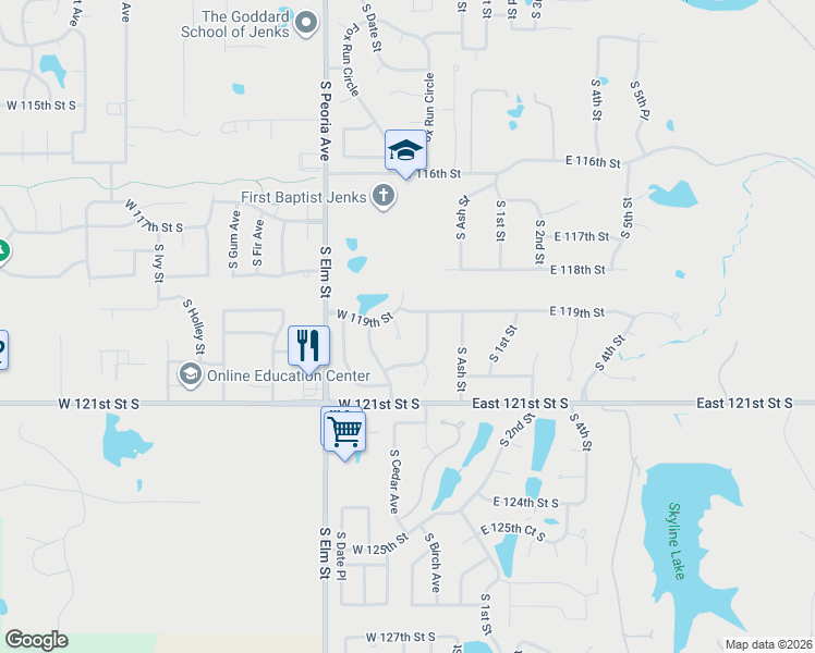 map of restaurants, bars, coffee shops, grocery stores, and more near 11905 South Cedar Court in Jenks