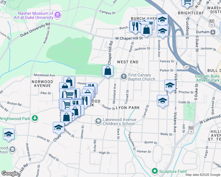 map of restaurants, bars, coffee shops, grocery stores, and more near 1015 Rosedale Avenue in Durham
