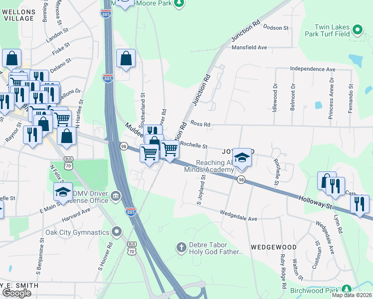 map of restaurants, bars, coffee shops, grocery stores, and more near 2510 Rochelle Street in Durham