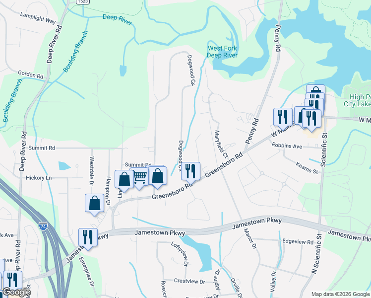 map of restaurants, bars, coffee shops, grocery stores, and more near 841 Dogwood Circle in High Point