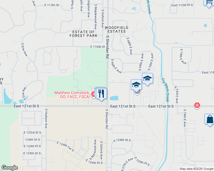 map of restaurants, bars, coffee shops, grocery stores, and more near 6512 East 119th Street in Bixby