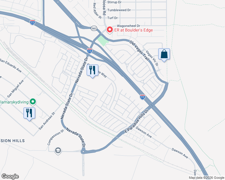 map of restaurants, bars, coffee shops, grocery stores, and more near 1071 Paradise Coach Drive in Henderson
