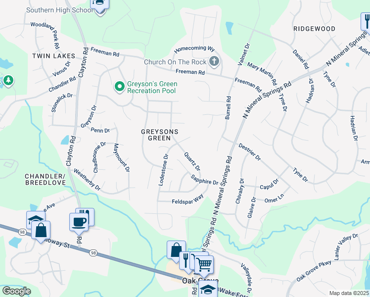 map of restaurants, bars, coffee shops, grocery stores, and more near 612 Quartz Drive in Durham