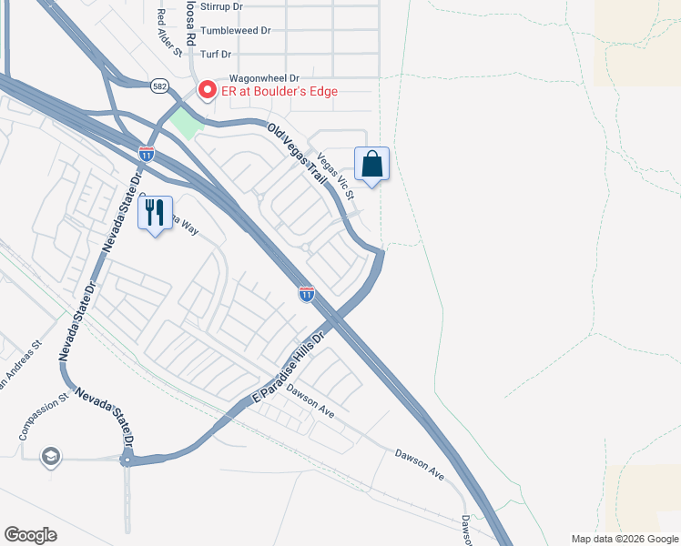 map of restaurants, bars, coffee shops, grocery stores, and more near 2577 Land Rush Drive in Henderson