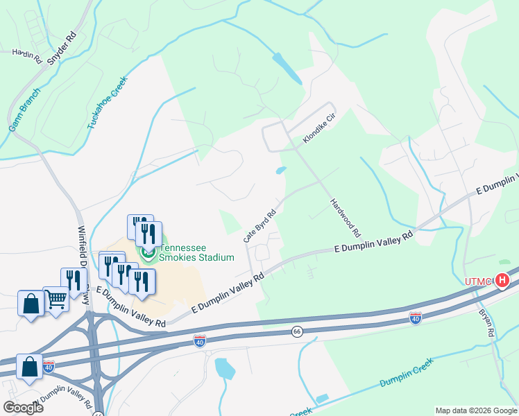 map of restaurants, bars, coffee shops, grocery stores, and more near 355 Cate Byrd Road in Kodak