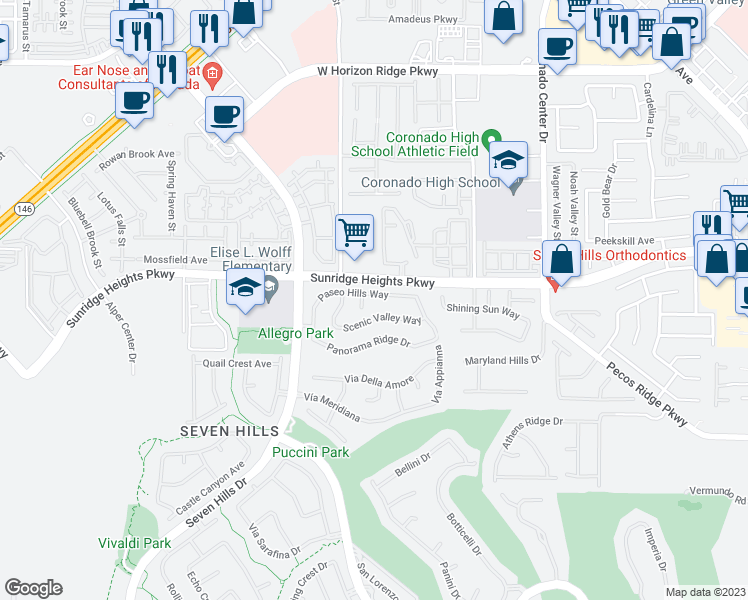 map of restaurants, bars, coffee shops, grocery stores, and more near 2997 Paseo Hills Way in Henderson
