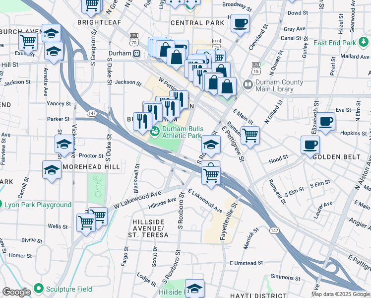map of restaurants, bars, coffee shops, grocery stores, and more near 512 South Mangum Street in Durham