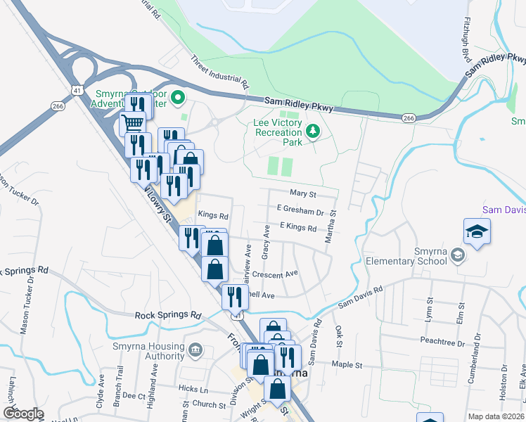map of restaurants, bars, coffee shops, grocery stores, and more near 502 Gracy Avenue in Smyrna