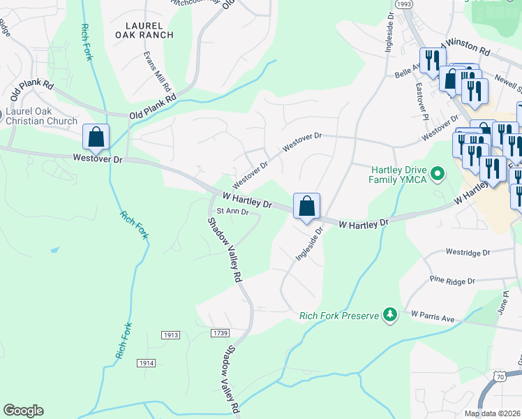 map of restaurants, bars, coffee shops, grocery stores, and more near 932 Saint Ann Drive in High Point