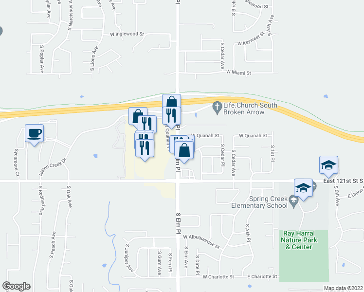 map of restaurants, bars, coffee shops, grocery stores, and more near 6212 South Elm Avenue in Broken Arrow