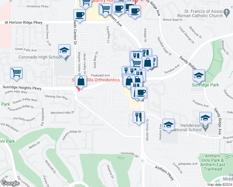 map of restaurants, bars, coffee shops, grocery stores, and more near 2709 Woodflower Avenue in Henderson