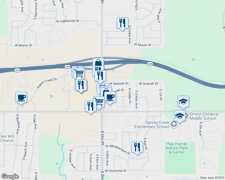 map of restaurants, bars, coffee shops, grocery stores, and more near 510 West Quanah Place in Broken Arrow