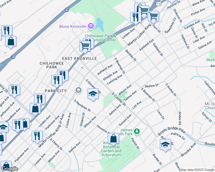 map of restaurants, bars, coffee shops, grocery stores, and more near 308 South Castle Street in Knoxville