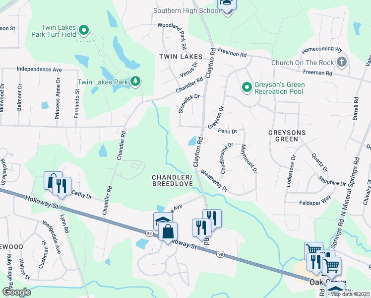 map of restaurants, bars, coffee shops, grocery stores, and more near 501 Clayton Road in Durham