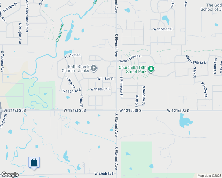 map of restaurants, bars, coffee shops, grocery stores, and more near South Redbud Street in Jenks