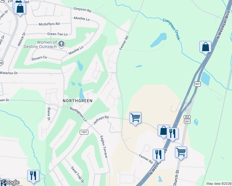 map of restaurants, bars, coffee shops, grocery stores, and more near 117 Teal Court in Rocky Mount